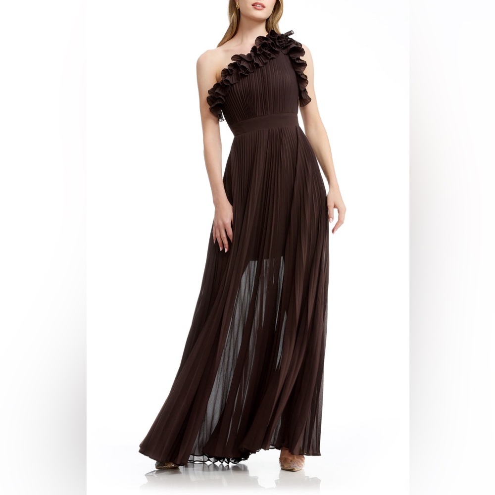 Dress the Population Vida One-Shoulder Pleated Chiffon Gown Mocha XXL NWT